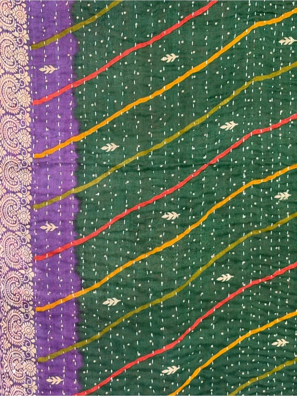 Vintage Handmade Printed Kantha Quilt India Sari Throw Blanket Twin 52x80